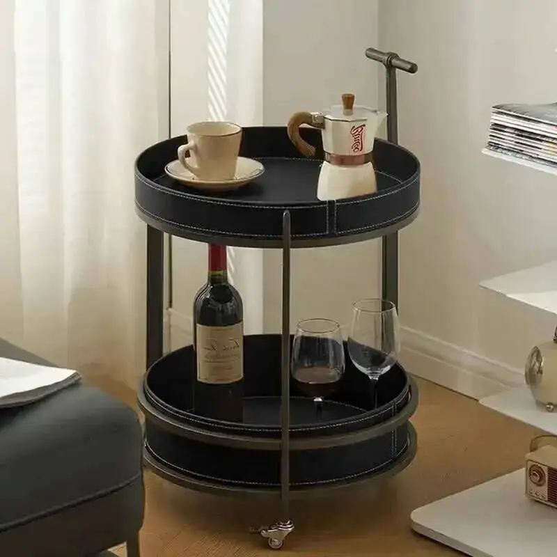 Coffee Retro Leather Tables with Two-Tier Storage, Mobile Wine & Coffee Serving Trolley, Living Room Home Decor Furniture