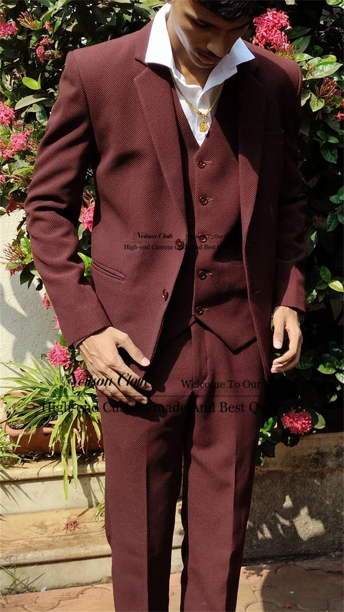 

Business Burgundy Male Prom Blazers 3 Pcs Sets Notched Lapel Groom Wedding Tuxedos Customized Groomsmen Terno Masculino