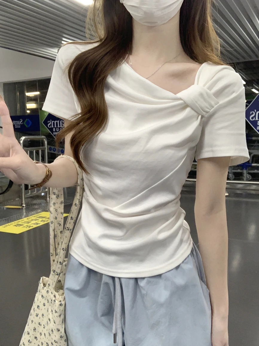 Kumikumi Gentle Wind White Asymmetrical Collar Knot Short Sleeve T-Shirt Women's Summer New Style Slimming Top