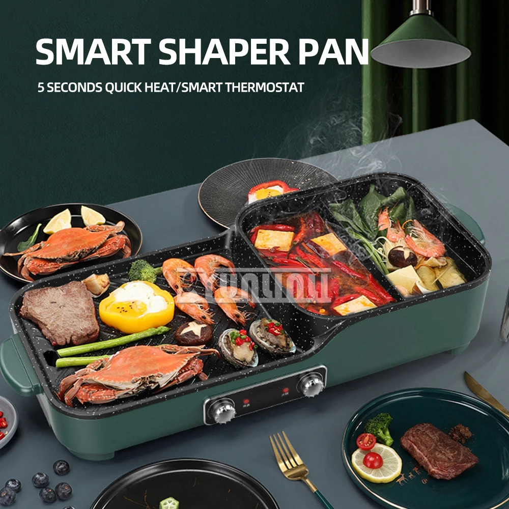 2 in 1 Barbecue Hot Pot Household Smokeless BBQ Grill with Double Cooking Pans Multifunctional BBQ Machine