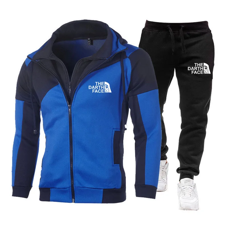 2024New men\'s double zipper jacket hoodie + black casual jogging pants two sets of fashion casual fitness sportswear two sets