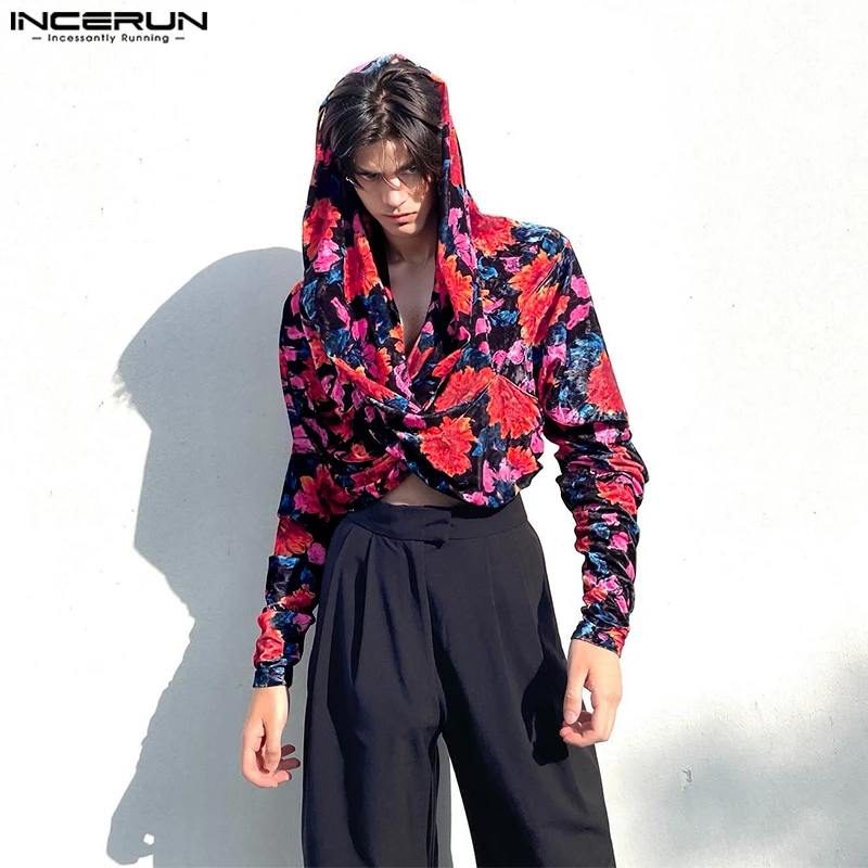 Fashion Well Fitting Tops INCERUN Men's Printed Floral Vacation Style Hooded Blouse Casual Personality Long Sleeved Shirts S-5XL