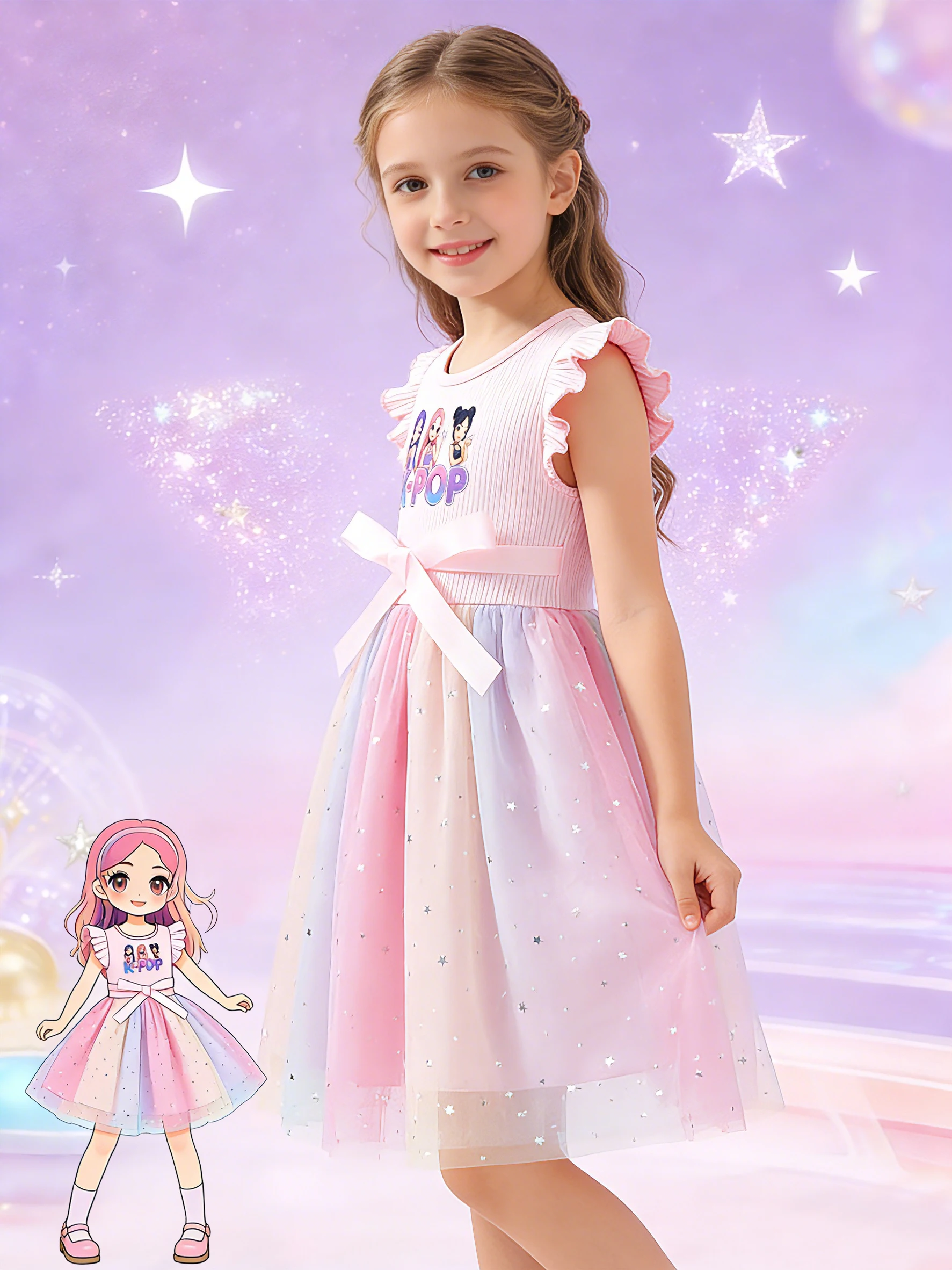 Girls Dress, Cartoon Girl Group Print + Waist Big Bow, Flutter Sleeve Gradient Pink Princess Dress