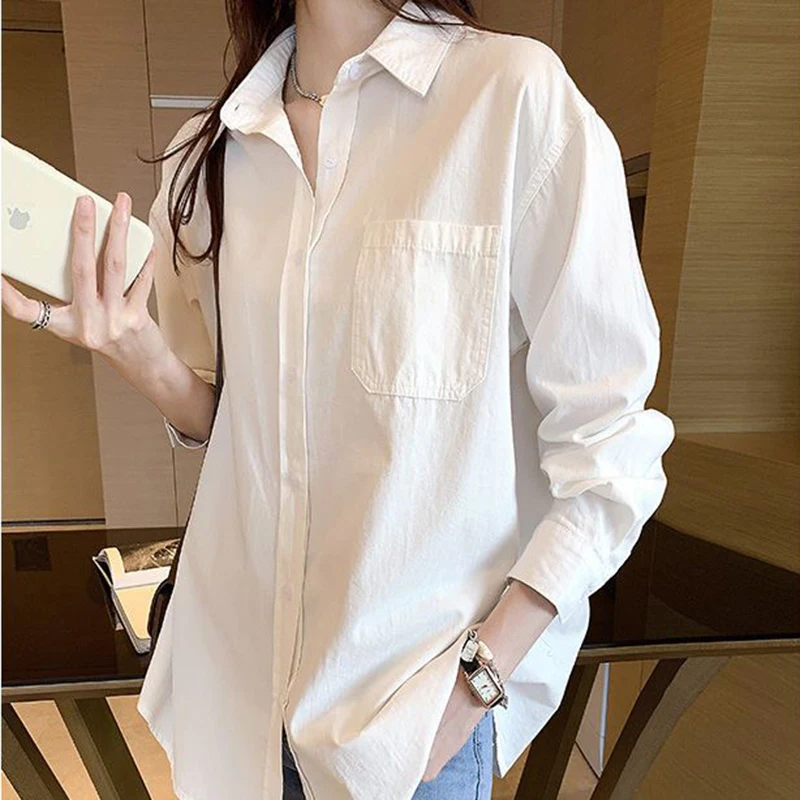 Camisas blancas Vintage para primavera y otoño, Tops por debajo de la rodilla sencillos a la moda para mujer, blusas de oficina de manga larga con cuello vuelto Harajuku para mujer