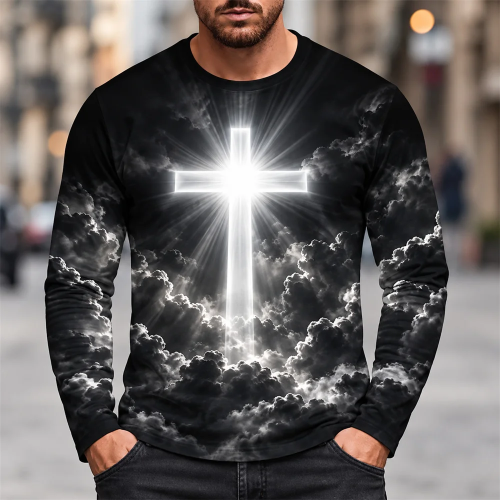 Christian Faith Long Sleeve T Shirt For Men Radiant Cross 3D Print Heavenly Cloud Graphic Crew Neck Top Casual Everyday Clothing