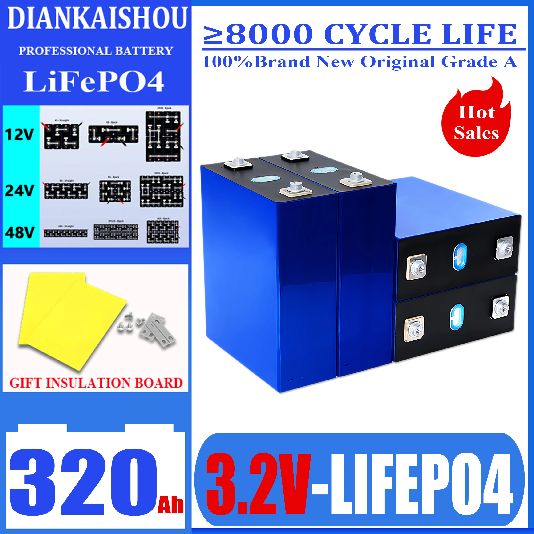

3.2V 320AH Lifepo4 Lithium Iron Phosphate Grade A Battery 3C High Power DIY 12V 24V 48V RV Solar Rechargeable Battery Duty Free