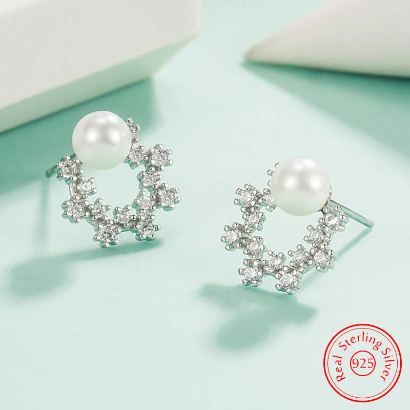 

925 Sterling Silver Jewelry New Crystal Pearl Stud Earrings For Woman Fashion XY0504