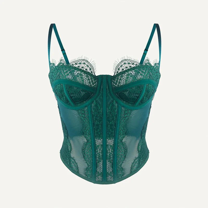 Warna Hijau Spice Girls Renda Tepi Rompi Tulang Ikan Gaya Korset Dalam dan Luar Atasan Wanita Seksi Pakaian Y2k
