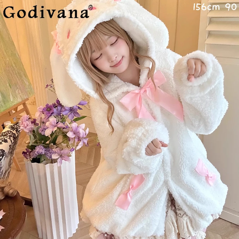 

Japanese Girl's Kawaii Plush Jacket Autumn and Winter New Sweet Cute Lolita Rabbit Ears Faux Fur Jacket Daughter Y2k Fur Coat
