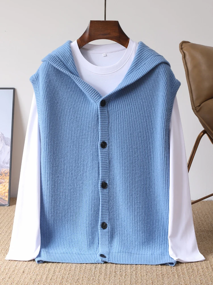 2025 New Fashion Hooded Cardigan Sweater Man Vest Slim Fit Jumpers Knitwear Sleeveless Winter Pure Wool Casual Clothing Men