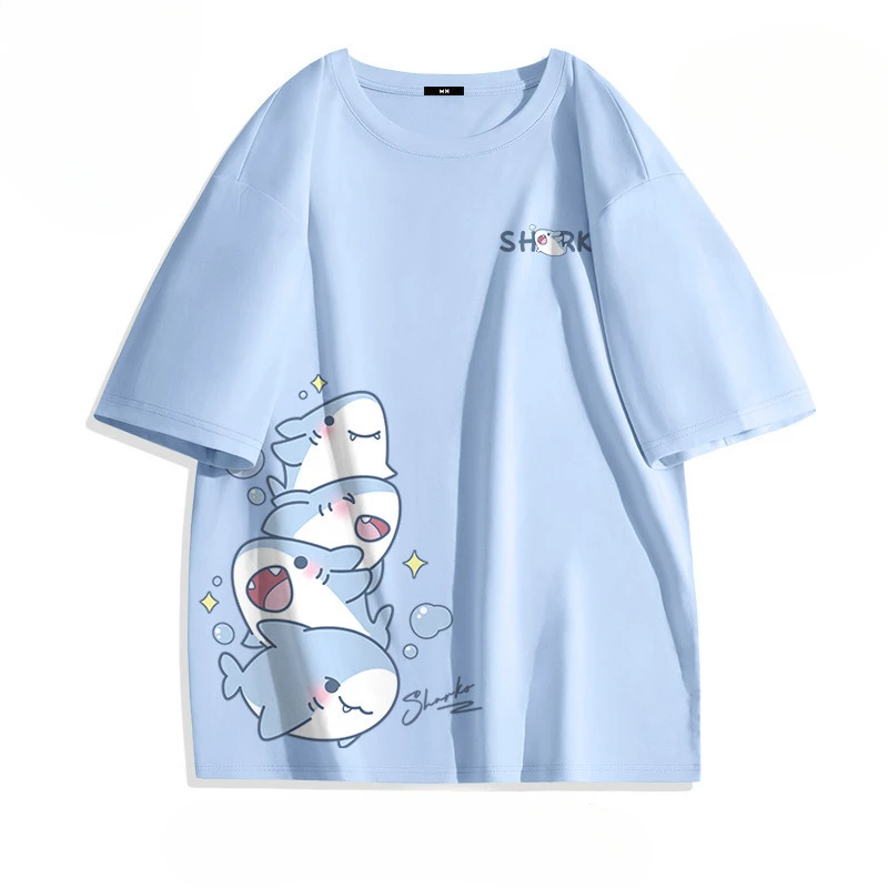 Summer Ice Silk Blue Top Youth Breathable Half Sleeve Large Loose Tee Men's Cute Shark Cartoon Print Short Sleeve T-shirt image 6