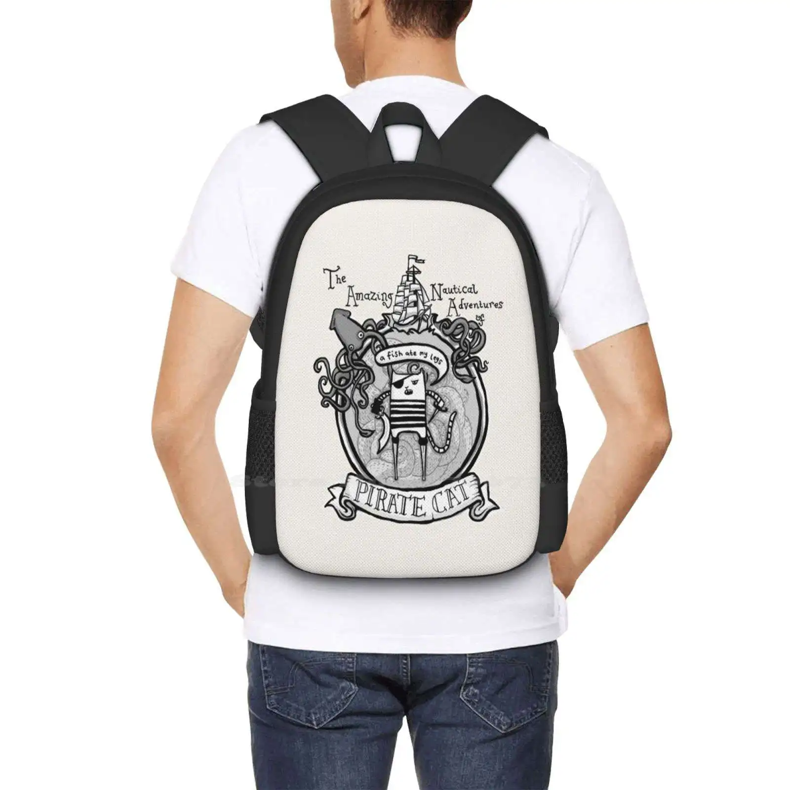 Pirate Cat Sails The Seven Seas Hot Sale Schoolbag Backpack Fashion Bags Archibald Squid Yarrr Cat Adventure Ship Sail Seas