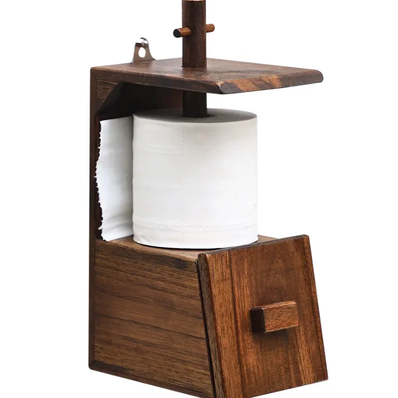 Solid Wood Vintage Towel Holder Restroom Creative Wall-Mounted Roll Holder Wooden Toilet Paper Box Kitchen Napkin Storage Case