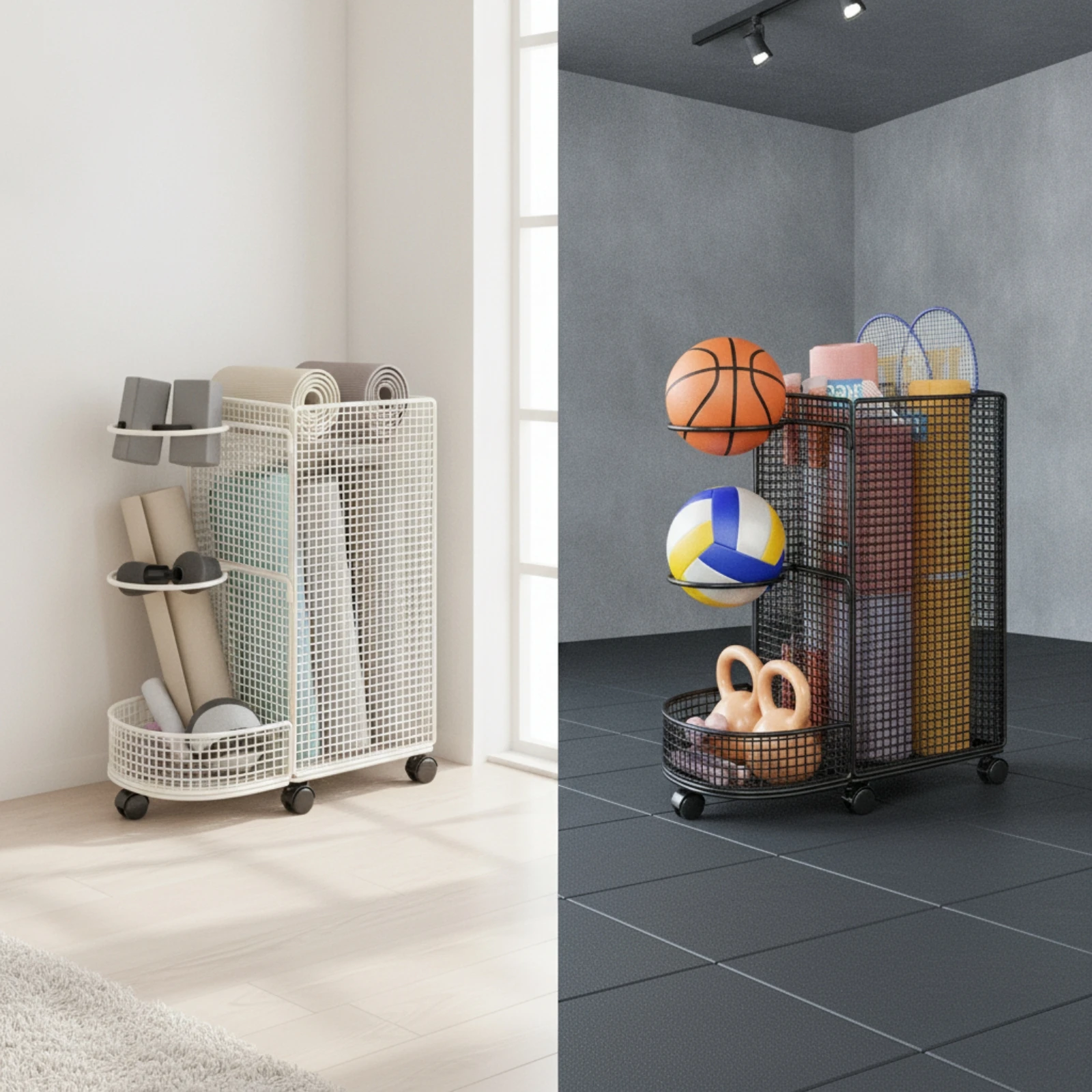 Wheeled Sports Equipment Storage Rack Heavy Duty Sports Storage Rack with Lower Basket Easy-Access Sturdy for Home Gym