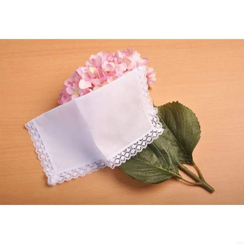 R7UF Portable Hankie Women Handkerchief Cotton Lace Trim Super Soft Washable Hanky