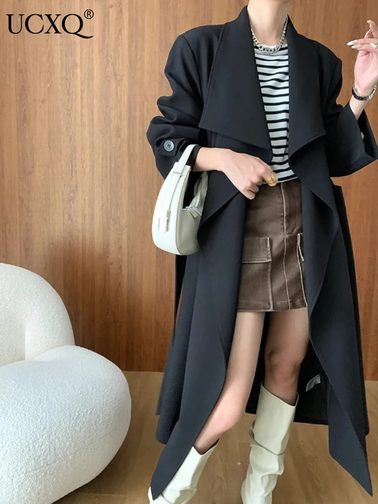 

UCXQ Elegant Trench Coat Minimalist Style Loose All Match Lace Up Waist Street Fashion Long Jacket Women 2024 Spring Autumn 9722