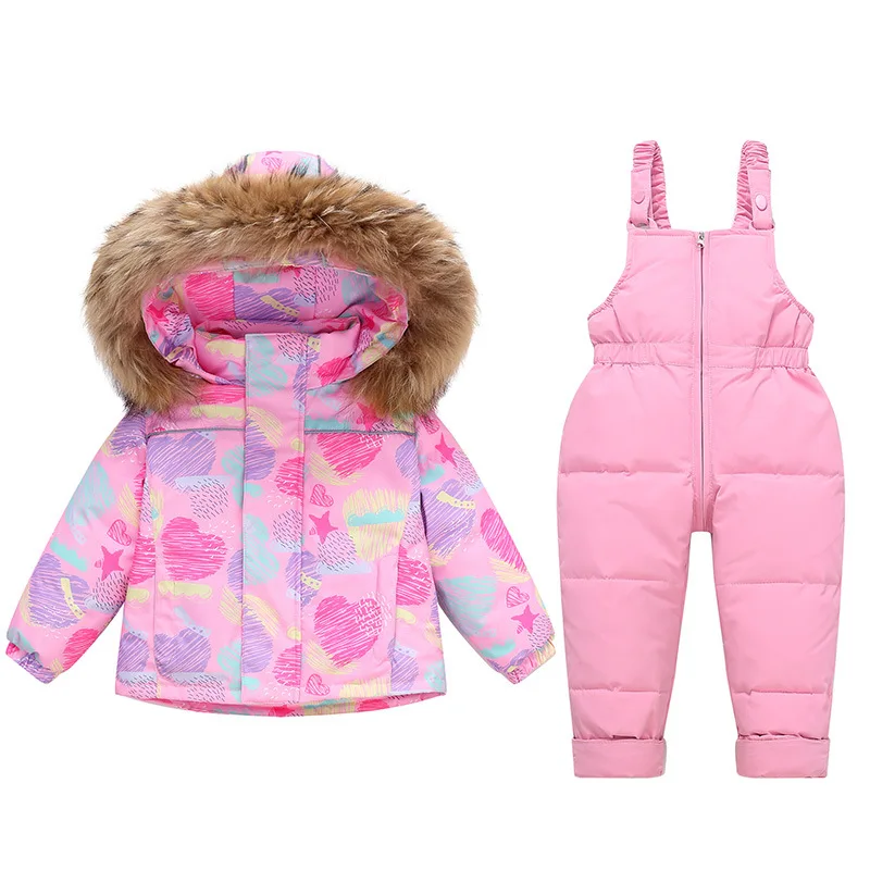 

Winter 2025 Children Girl 2PCS Fur Hood Cartoon Printed Thicken Toddler Girl Down Coat+ Zipper Kids Baby Girls Overalls Jumpsuit