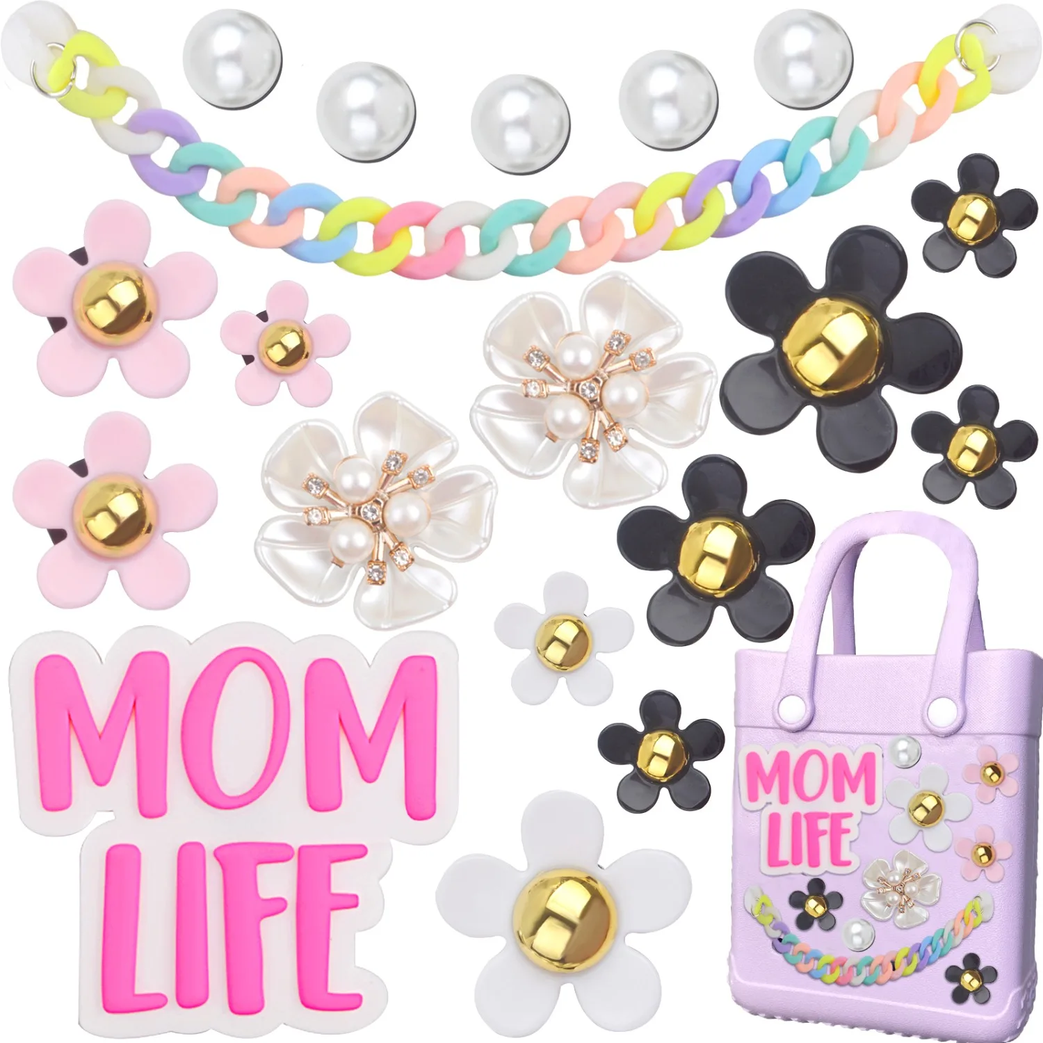 

19pcs Flower Pearl Chains Charms for Bogg Bag Momlife Decorations DIY Accessories for Women Rubber Beach Totes