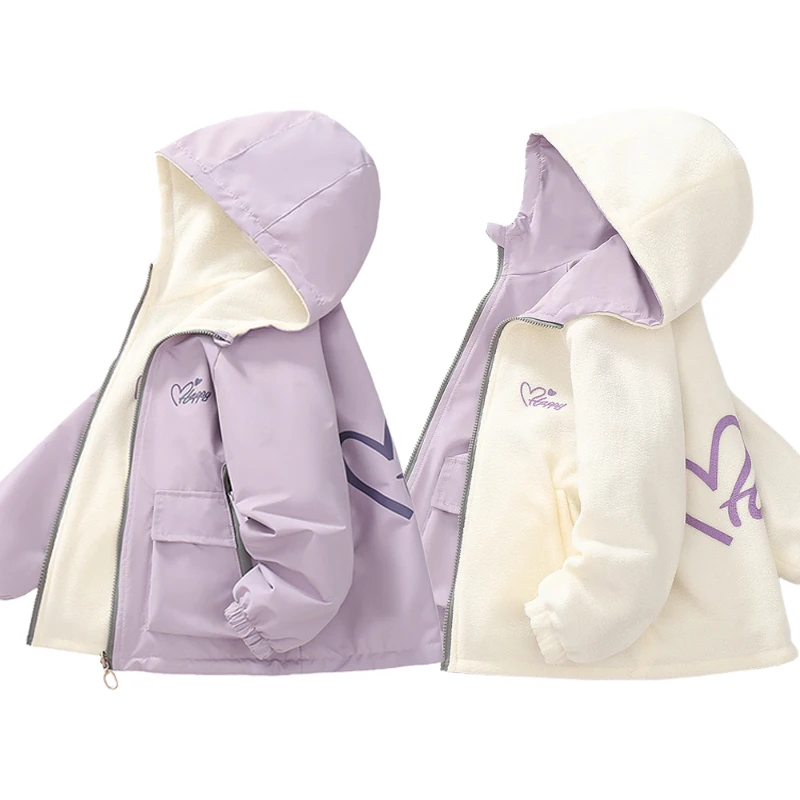 Teen Girls Fleece Coat Kids Padded Double-Sided Jacket Autumn Letter Print Loose Hooded Windbreaker Winter Kids Warm Outerwears