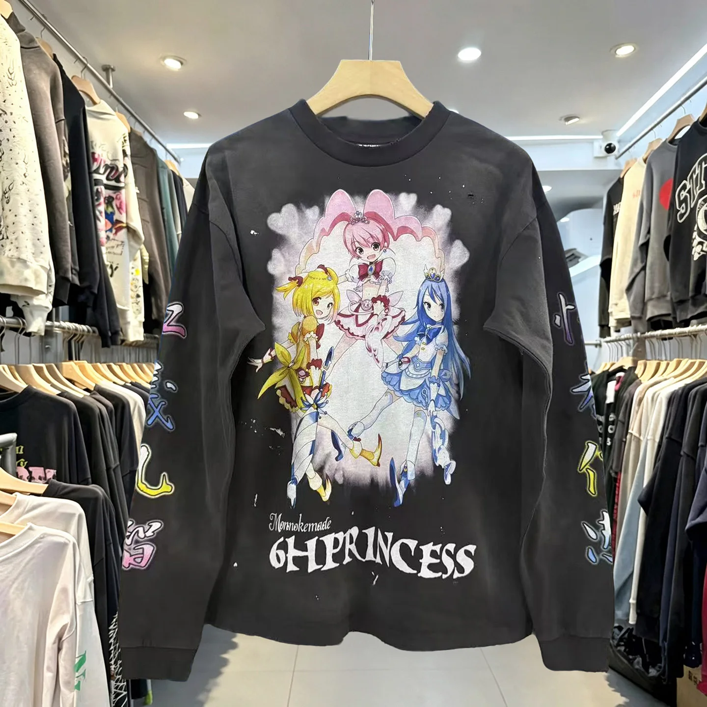 Retro American Magic Girl Double-Sided Cartoon Print Long-Sleeve T-Shirt Unisex Washed Shoulder-Down Top Loose Fit round Neck