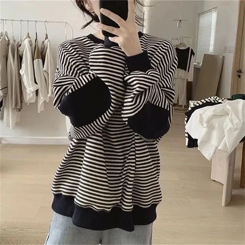 New Women Trendy Striped Patch Design Streetwear Oversized Y2K Sweatshirts Autumn Female Casual O Neck Long Sleeve Pullover Tops