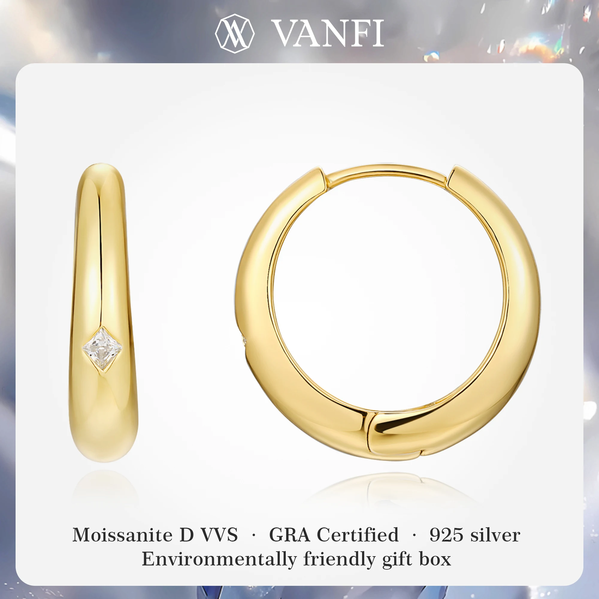 

KFVANFI GRA Женские серьги-кольца из стерлингового серебра 925 пробы с муассанитом и покрытием из золота 18 карат, минималистичные элегантные роскошные ювелирные изделия для банкетной вечеринки