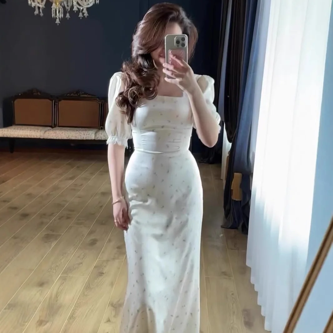 2026 primavera fino ajuste rendas cetim impresso suave estilo fada vestido de renda para mulher