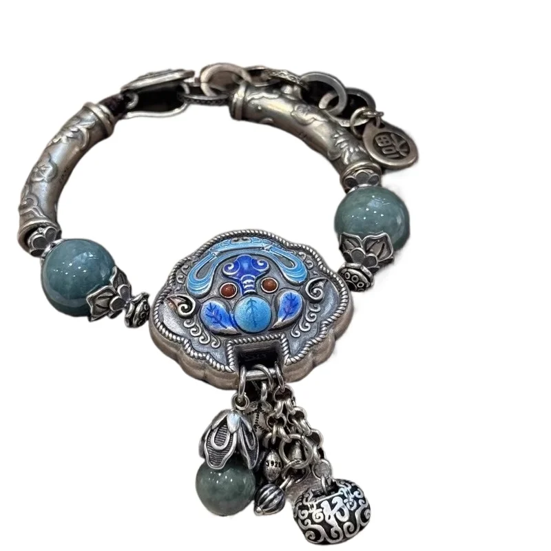 

925 Silver Jade Retro Long Life Lock Bracelet Enamel New Chinese Style Literary Personality Bracelet Jewelry