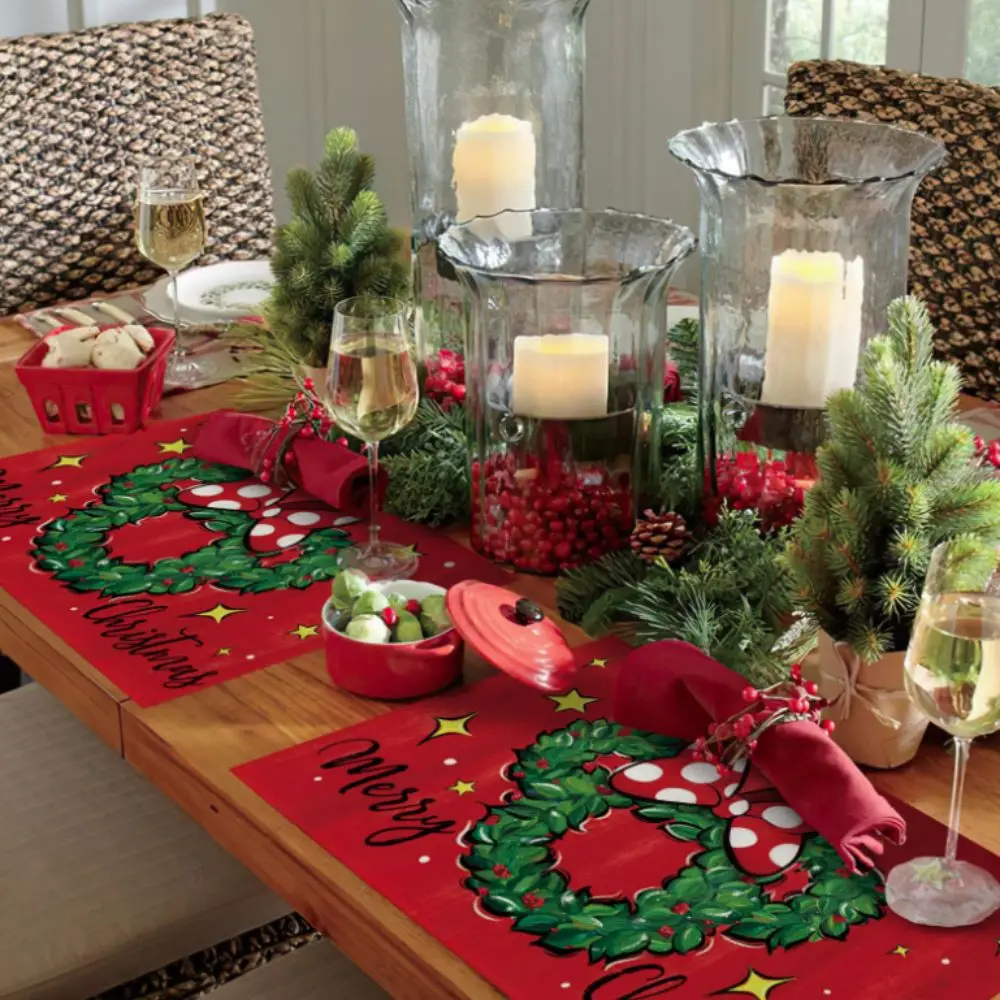 4 قطعة الكتان المنزلية عيد الميلاد تحديد الموقع مستطيلة مقاومة للحرارة الجدول حصيرة عدم الانزلاق أدوات المائدة وسادة مهرجان
