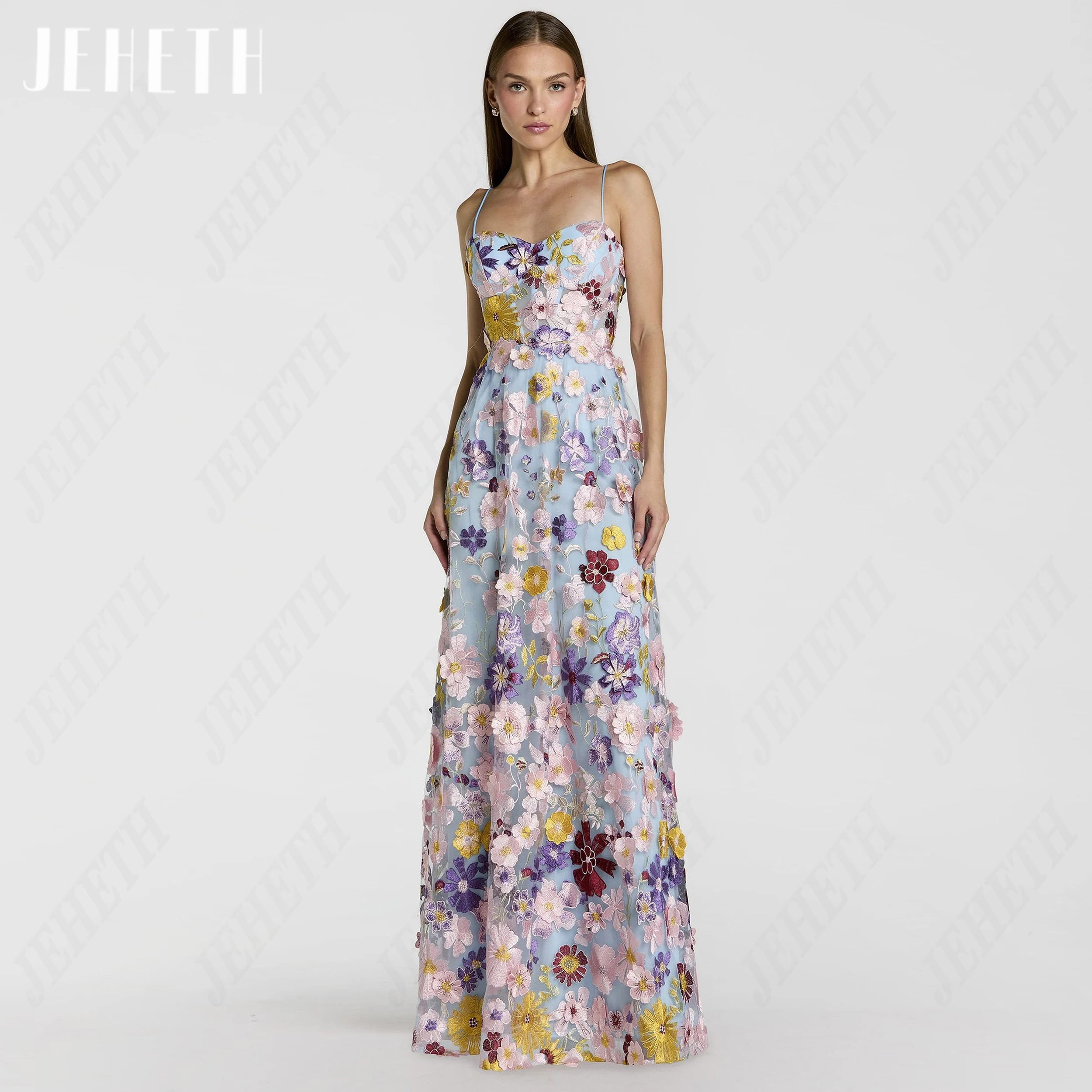 

JEHETH Customized Embroidery Flowers Prom Gown For Women Spaghetti Straps A Line Evening Dresses Floral Sweetheart Party Gowns