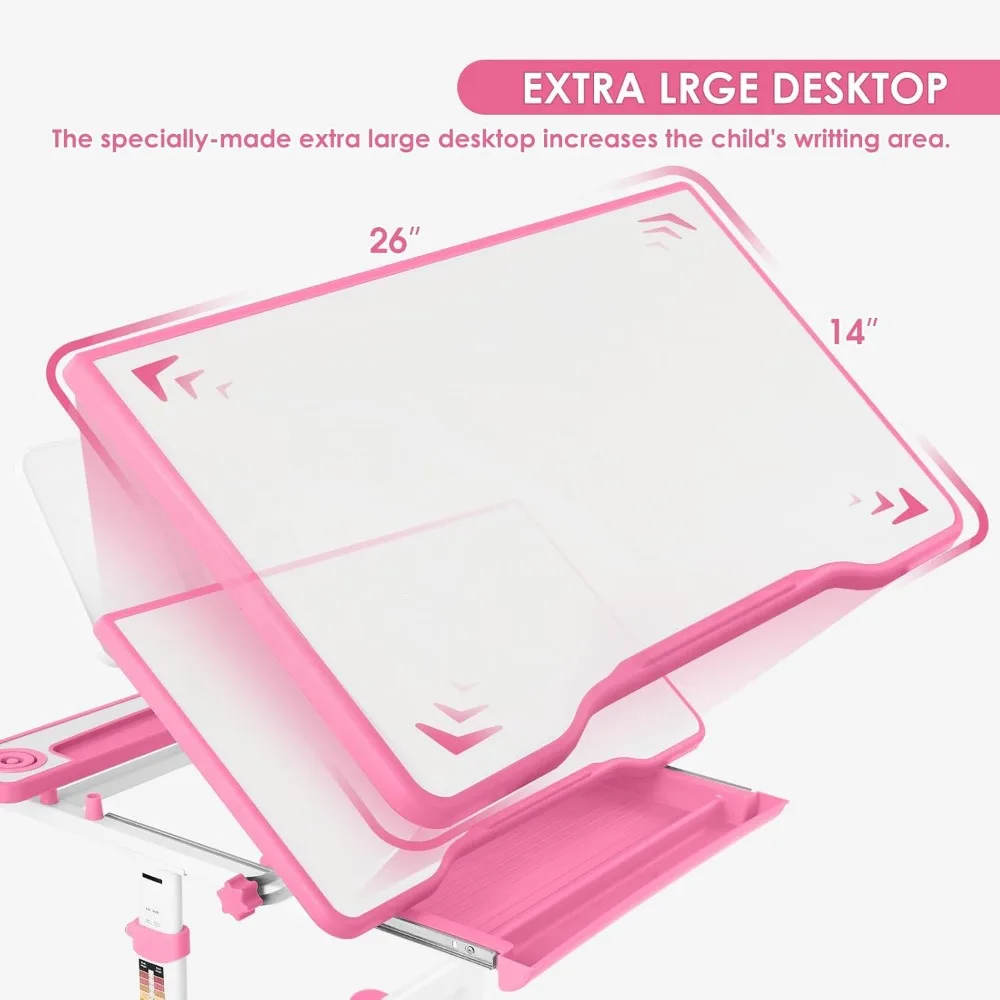 Artist hand Kids Study Table and Chair Set,Adjustable Girls School Writing Study Table,with Large Writing Board LED Pull Out