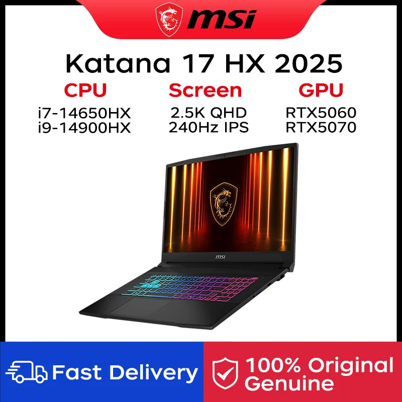 2025 MSI Katana 17 HX Gaming Laptop 17.3 Inch 2.5K QHD 240Hz IPS Screen Netbook Intel i9-14900HX 32GB 2TB RTX 5060 Notebook Comp