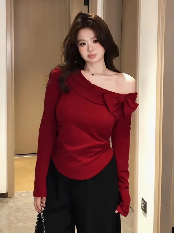 

plus Size Women's Pure Desire Knot Side Shoulder Base Shirt Winter New Style Ultra Popular Unique Design T-shirt Top