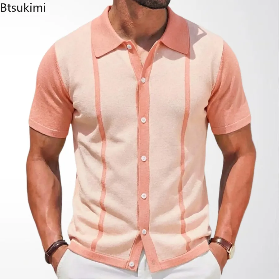 2026 Men's Summer Casual Shirts Knitted Patchwork Striped Polo Shirt Men Turn-down Collar Button Slim Fit Tops Ice Silk T-shirt