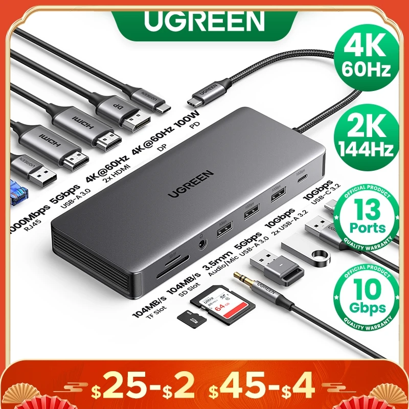 

UGREEN USB C док-станция 13 в 1 4K тройной дисплей двойной HDMI 10 Гбит/с USB C концентратор 100 Вт PD SD/TF для MacBook Pro Air Dell XPS