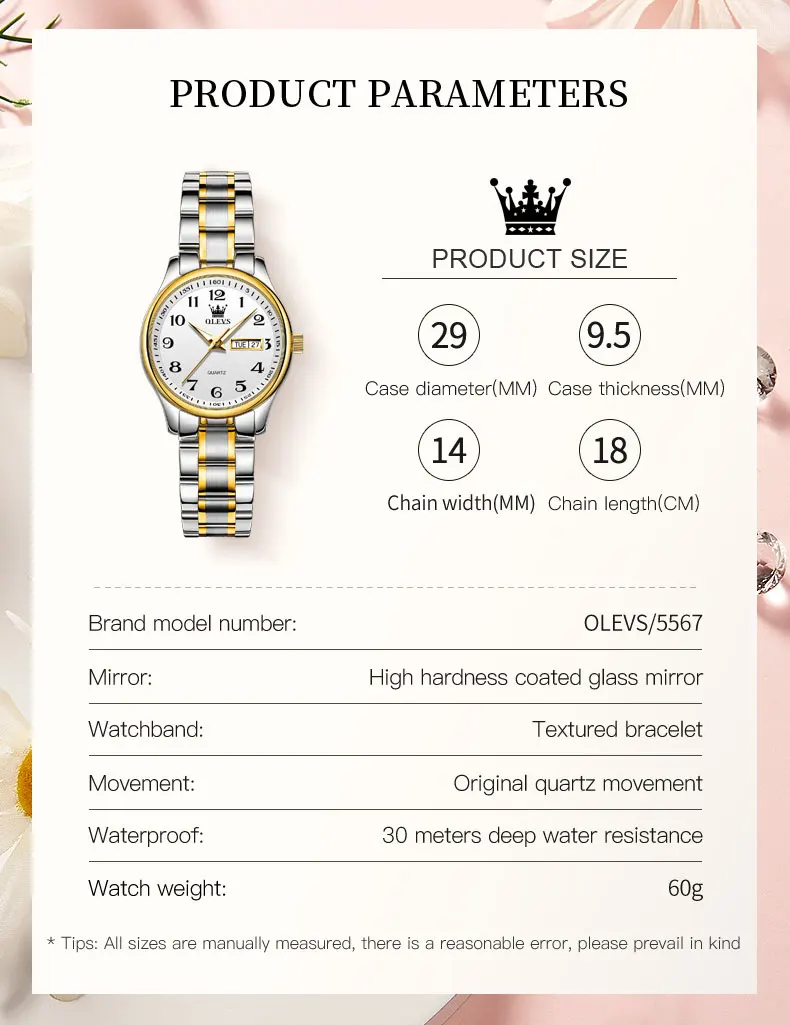 OLEVS 5563 Classic Quartz Watch for Women Set Elegant Dress Luminous Waterproof Week Date Clock Stainless Steel Wristwatch Gift