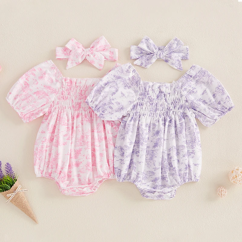 Infant Baby Girls Romper Floral Ruffle Sleeve Pleated Smocked Bubble 1Piece Ruched Jumpsuit Summer Bodysuit