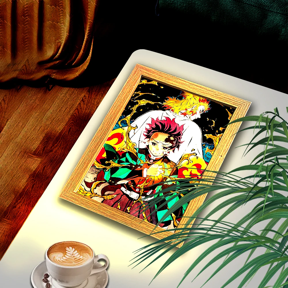 

Demon Slayer Anime Figure Light Painting Photo Frame Tanjirou Nezuko Led Night Light Home Bedside Decorations Moon Lamp Gifts