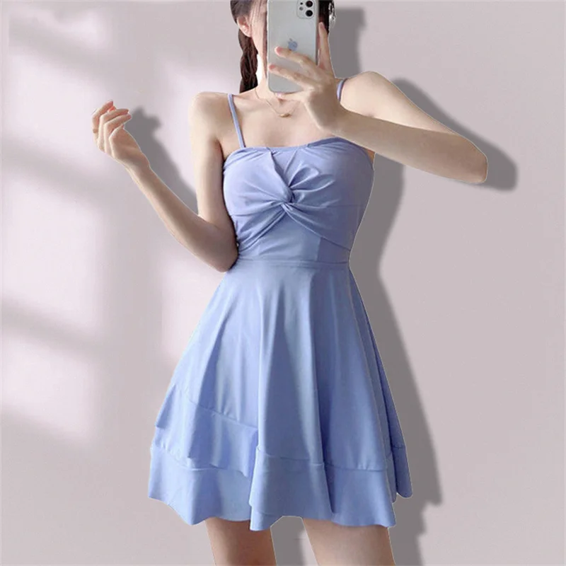 

Женский сексуальный комплект из трех предметов на тонких бретельках, синий сладкий сказочный купальник, пляжное платье с высокой талией, тонкий консервативный купальный костюм