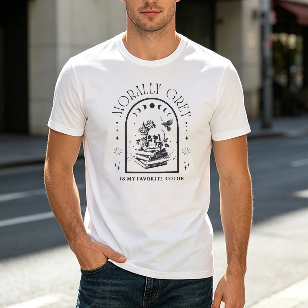 Morally Grey Skull Books Men White T Shirt Dark Academia Bookworm Fantasy Reader Clothes Casual Travel Fashion Tees