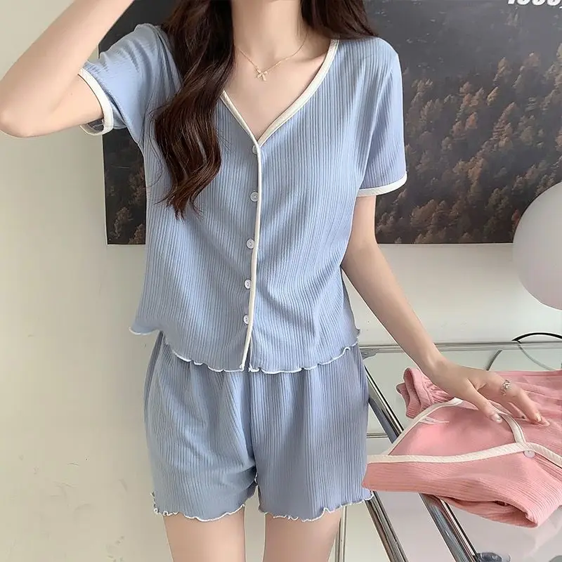 Solid Pajama Sets Women Summer Patchwork Panelled V-neck Single Breasted Elastic Waist Home Comfortable Thin Slim Loose Cool Fit