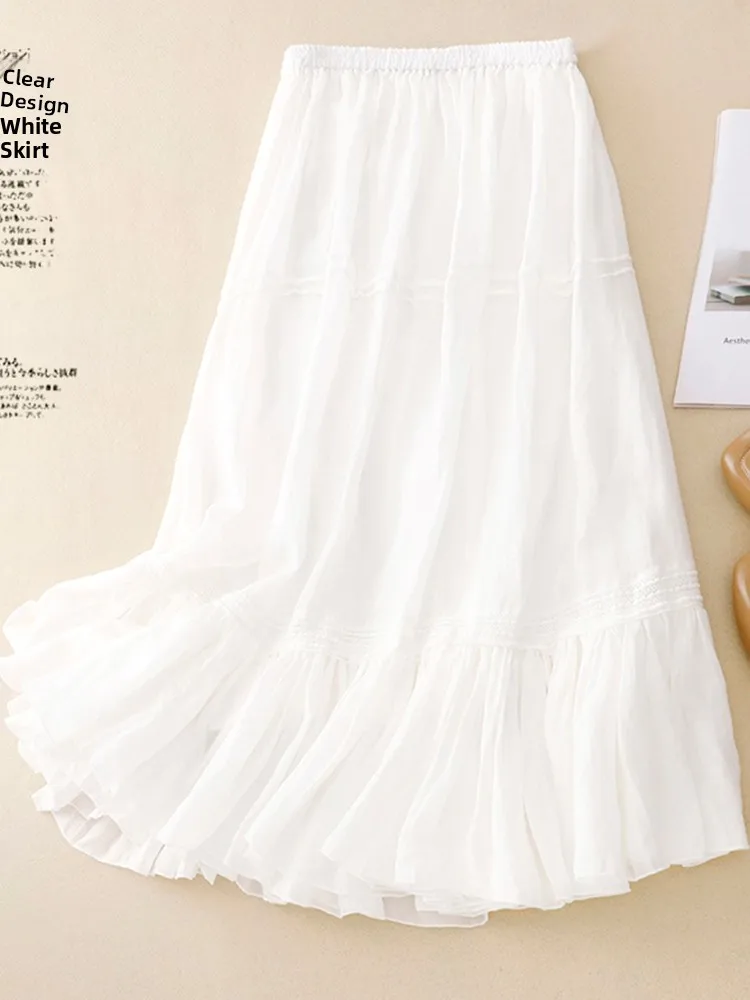 

Двухслойная юбка из конопляной ткани Ele с вышитыми кружевными вставками, А-силуэт, миди, с высокой талией и расклешенным подолом, для повседневной носки