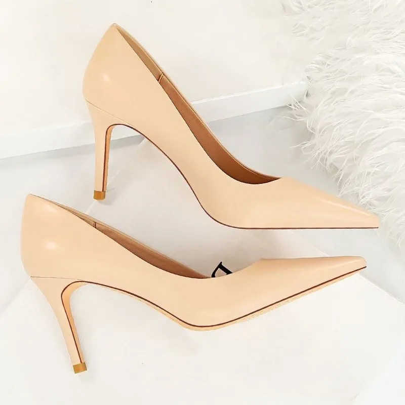 

7CM Leather Heeled Shoes Women High Heels Shoes Pointed Toe Classic Party Wedding Stilettos Office Lady OL Pumps