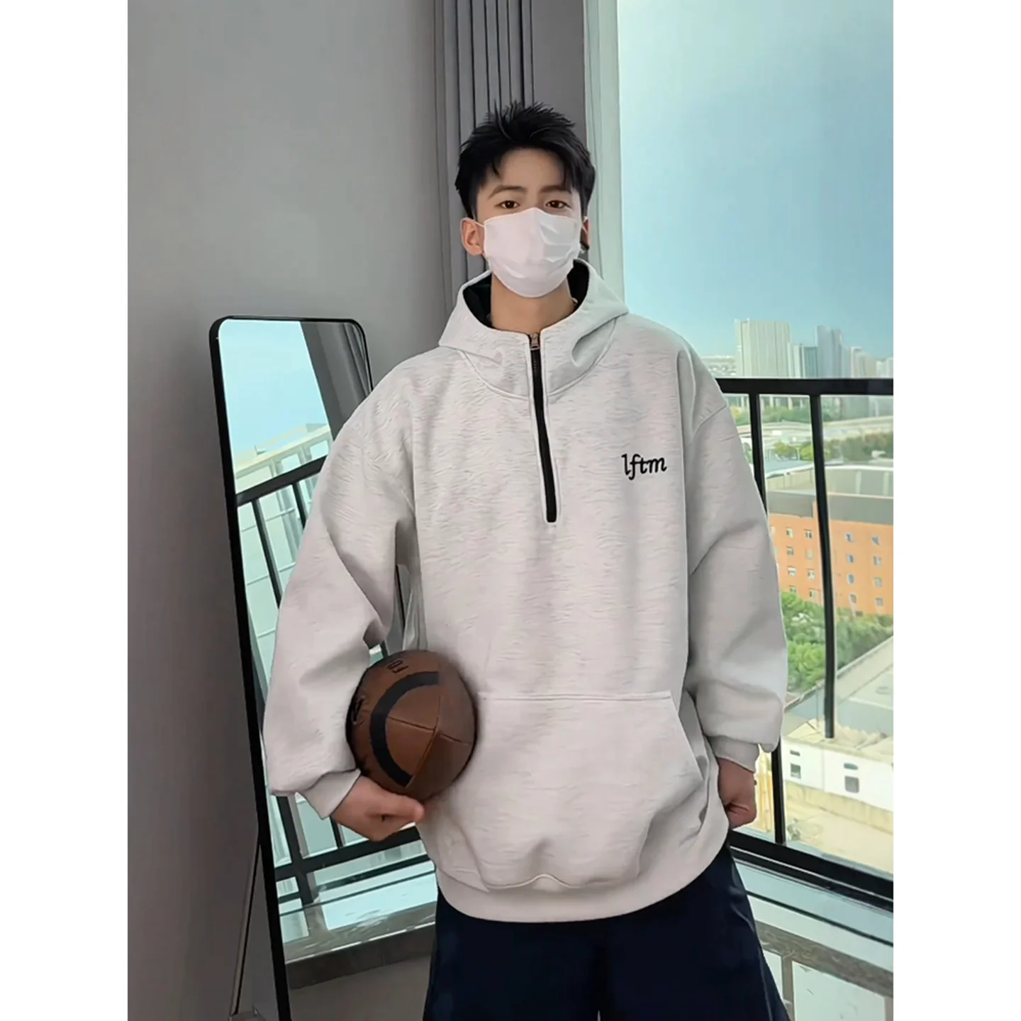 

American Style Hooded Sweatshirt Men Winter Thickened Fleece Half Zip High Collar Jacket Casual Sportswear Heavyweight Hardwe...