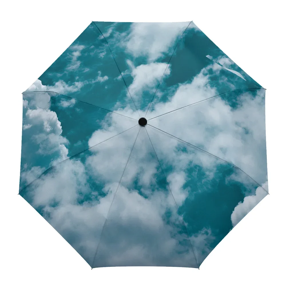 Blue Sky White Cloud Non Automatic Umbrella Men Women Rain Windproof Outdoor Travel Sun Three Folding Umbrellas Gift Parasol