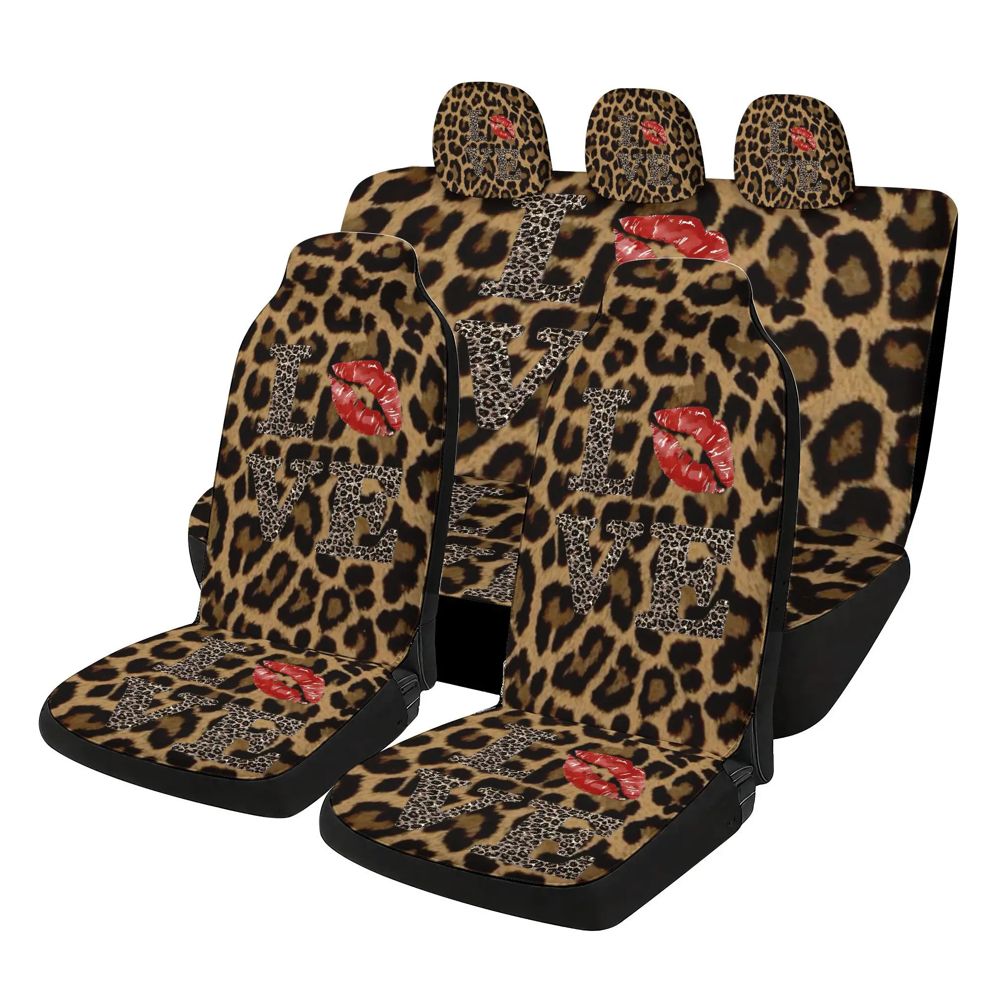 7pcs Leopard Print & Red Lip Pattern Car  Covers Set | Includes 2 Front  Covers + 1 Rear  Back Cover + 1 Rear  C