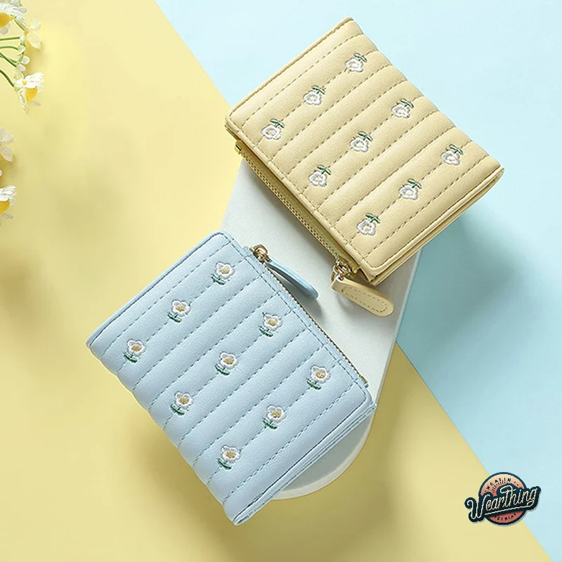 

Folding Card Wallet Short Wallets Women Floral Embroidery PU Leather Zipper Money Bag Wallet Coin Bags Fashion Card Holders