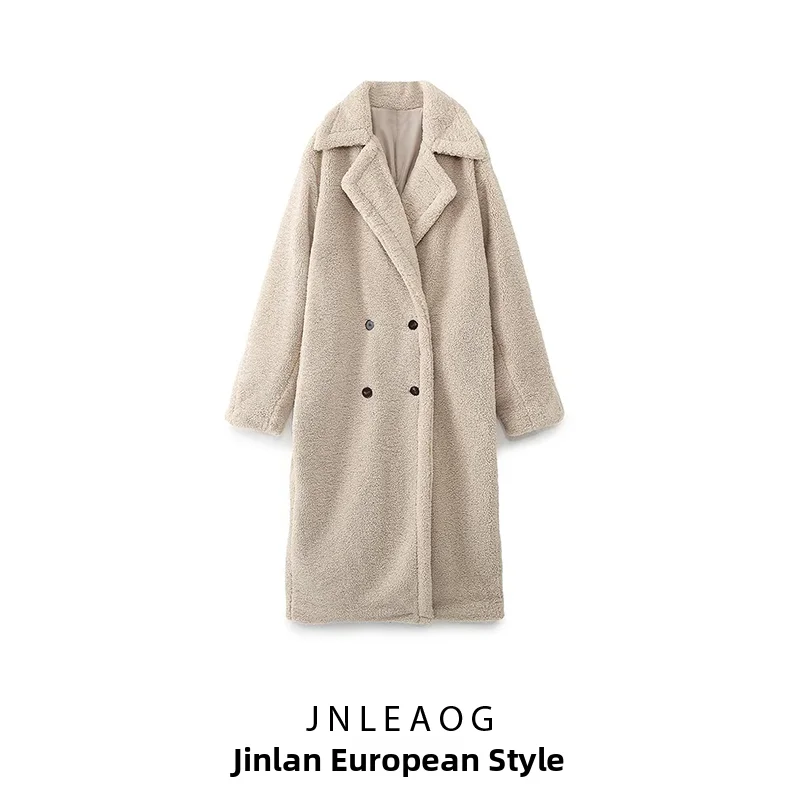 JNLEAOG Fashionable Ultra-Long Fleece-Lined Comfortable Women's Coat Autumn New Style Double-Breasted Polyester Fiber