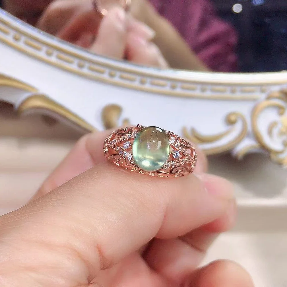 

vintage 925 silver natural gemstone ring 2ct 7mm*9mm genuine prehnite ring 18K gold plating silver perhnite jewelry