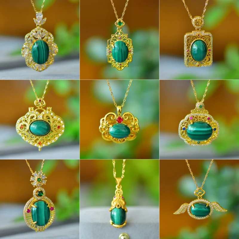 

Copper Inlaid Malachite Antique Pendant Necklace Women
